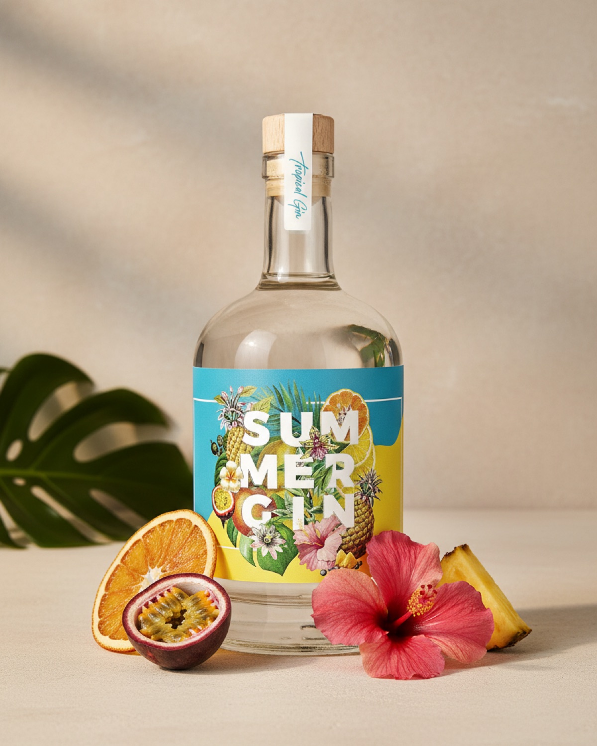 Summer Gin Flasche mit tropischen Früchten und Hibiskus