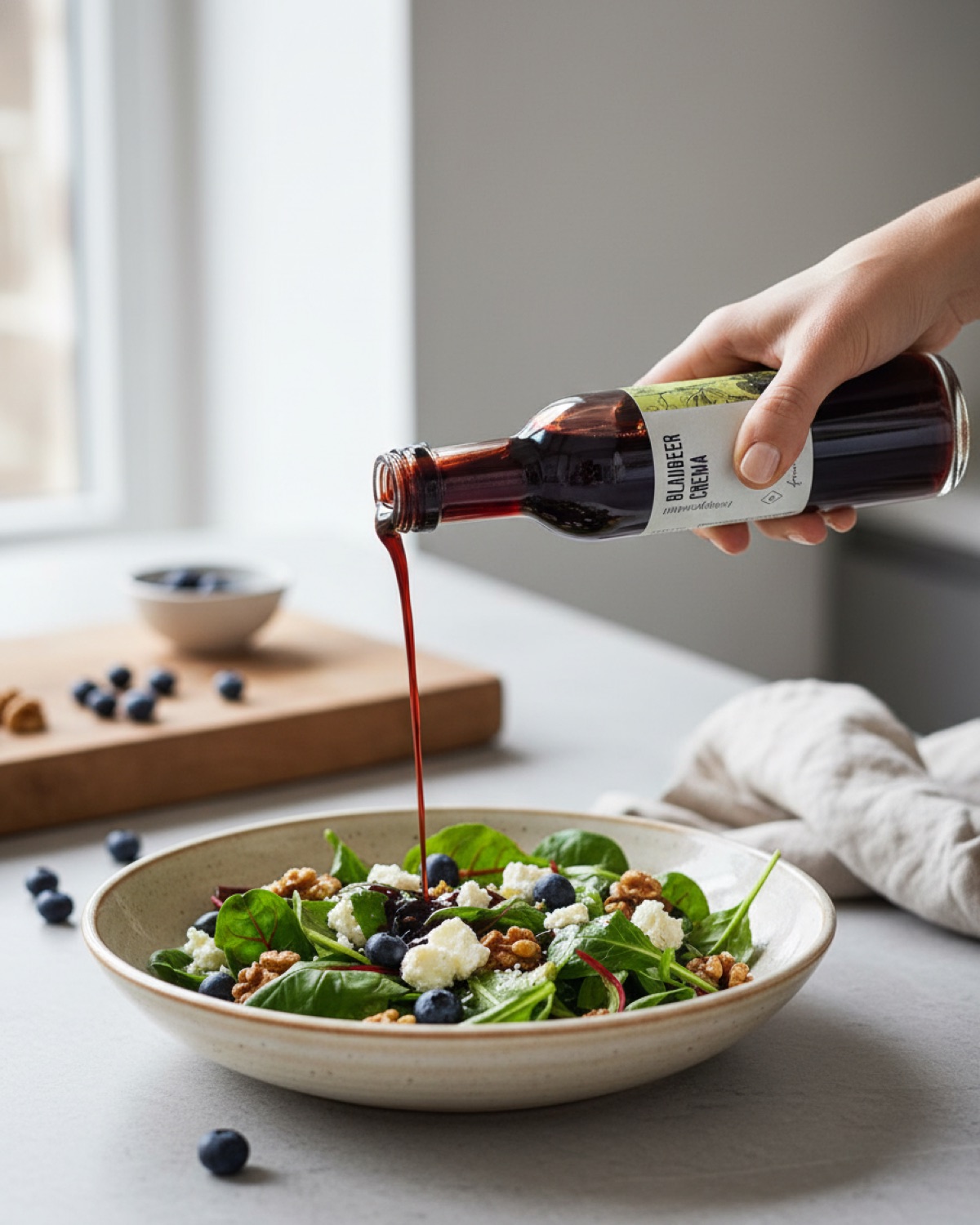 Blaubeer-Crema wird über frischen Salat gegossen
