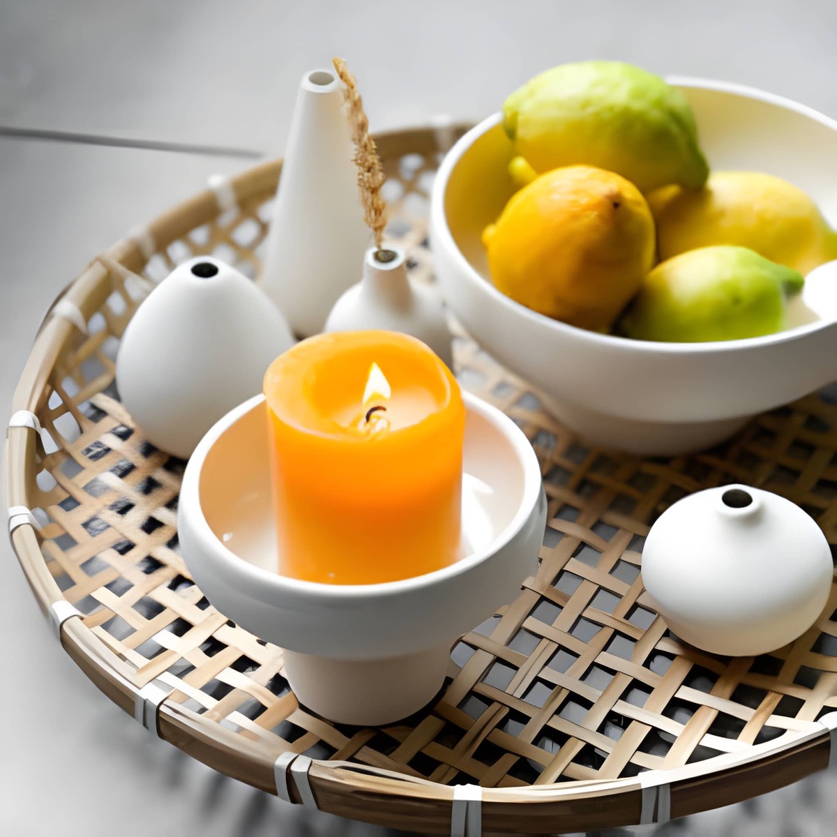 Tablett-Arrangement mit Kerze, Vasen und Zitrusfrüchten